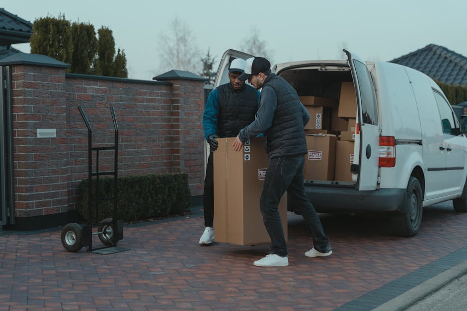 Two men are engaged in a home relocation task, lifting a large cardboard box from the back of a white moving van parked on a brick driveway. The van's open rear doors reveal more packed cardboard boxes inside, some labeled with handling instructions. The men are dressed in casual, warm clothing suitable for outdoor work, with one wearing a black puffer vest and the other in a blue jacket and black gloves. A two-wheeled hand trolley stands nearby on the paved surface, ready for transporting additional packing materials or boxes. In the background, a brick wall with an electric gate and landscaped greenery outline the property, with a neighbouring house visible under an overcast sky. The scene captures a moment during a furniture transport and packing and moving process, illustrating the loading phase of a professional removals service offered by Man with Van Ardleigh Green.